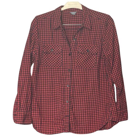 Eddie Bauer flannel shirt red black buttons pockets soft cozy size large - Picture 1 of 4